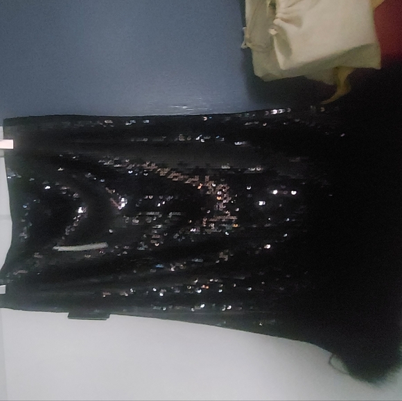 EXPRESS fav Black sequin stretchy midi skirt with feather detail at bottom - Picture 2 of 11